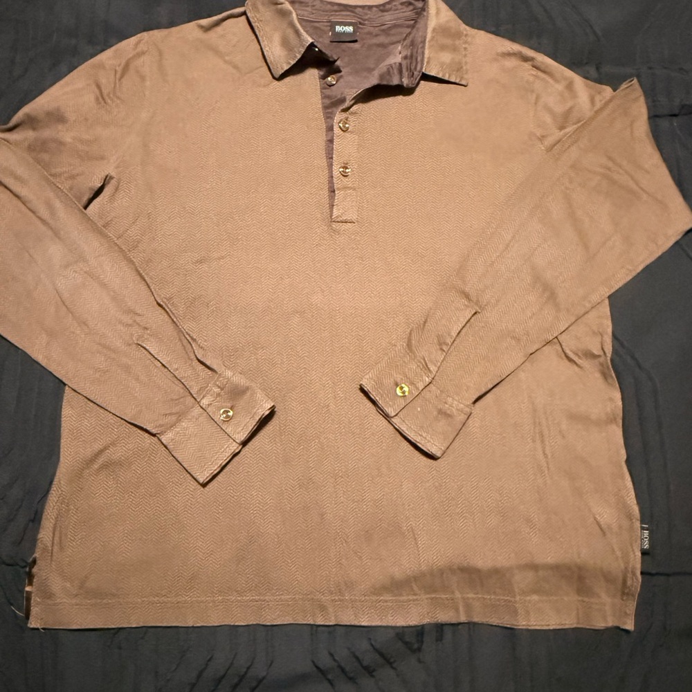 BOSS Men's Brown Long-Sleeve Polo with Contrast Collar